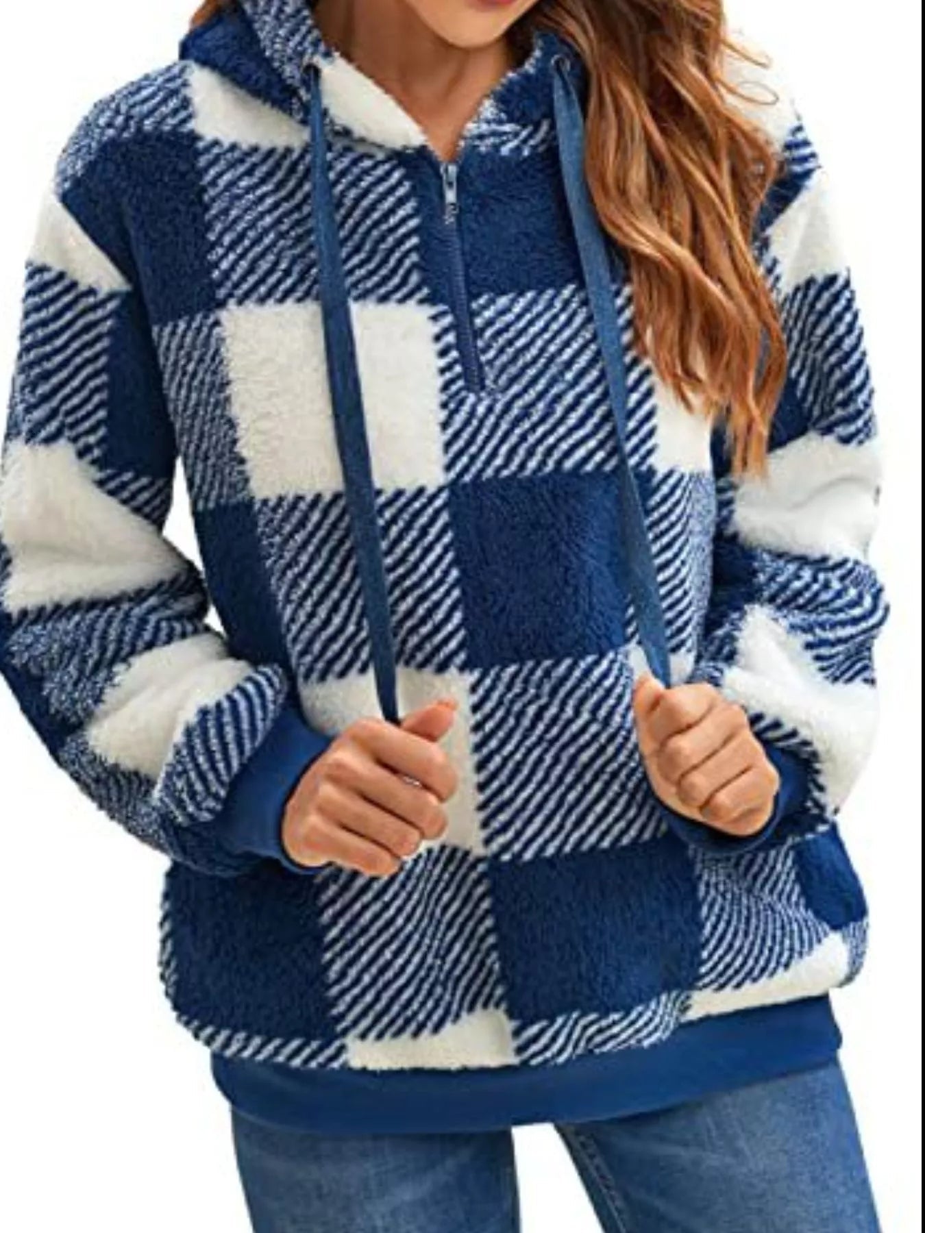 Full Size Plaid Sherpa Drawstring Hoodie Plus Size - Bela Fils BoutiqueBela Fils Boutique
