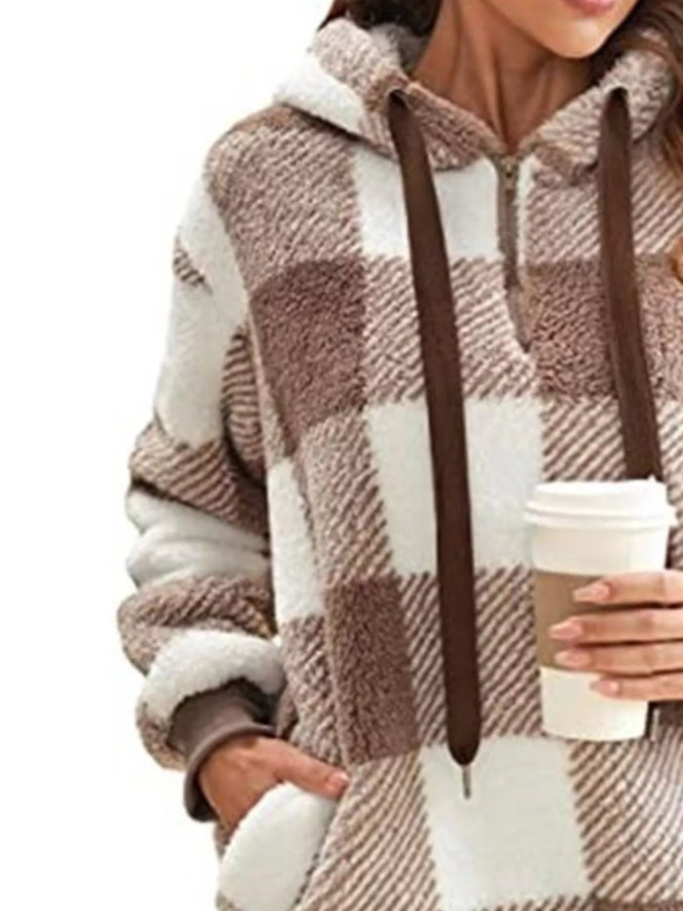 Full Size Plaid Sherpa Drawstring Hoodie Plus Size - Bela Fils BoutiqueBela Fils Boutique