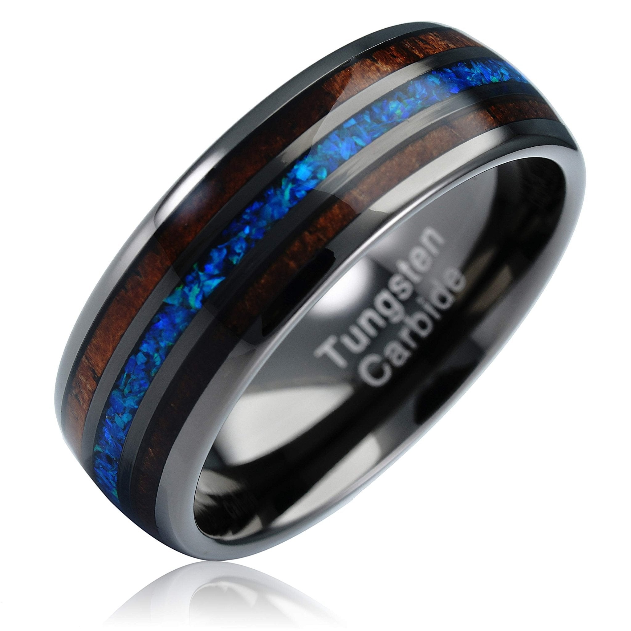 Gunmetal Tungsten Ring with Koa Wood & Blue Opal Inlay - Bela Fils BoutiqueBela Fils Boutique