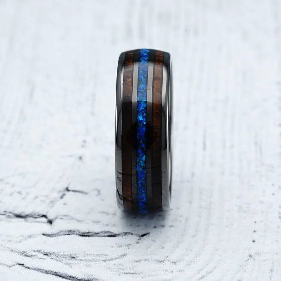 Gunmetal Tungsten Ring with Koa Wood & Blue Opal Inlay - Bela Fils BoutiqueBela Fils Boutique