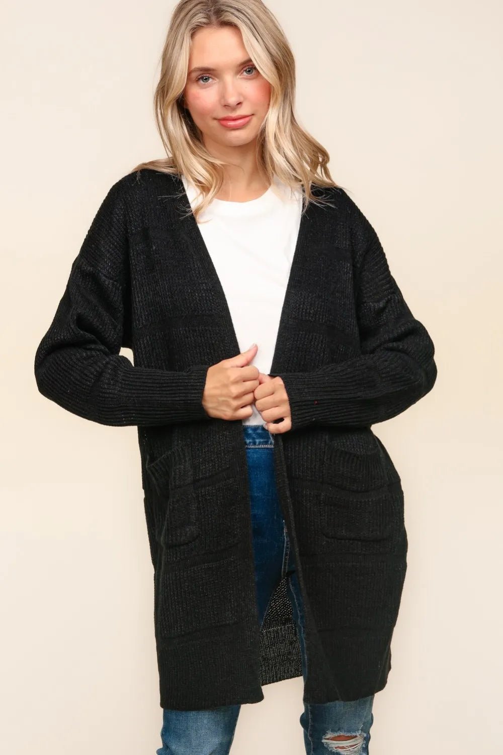 Haptics Stripe Textured Open Front Cardigan with Pockets - Bela Fils BoutiqueBela Fils Boutique