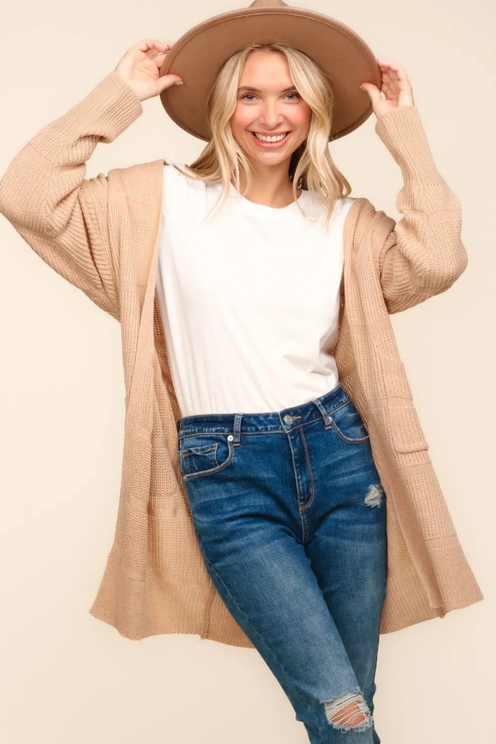Haptics Stripe Textured Open Front Cardigan with Pockets - Bela Fils BoutiqueBela Fils Boutique