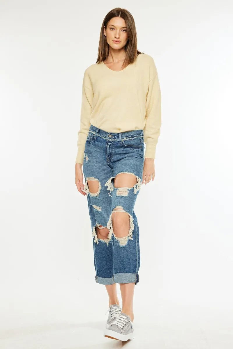 Kancan Distressed Mid Rise True Boyfriend Jeans - Bela Fils BoutiqueBela Fils Boutique