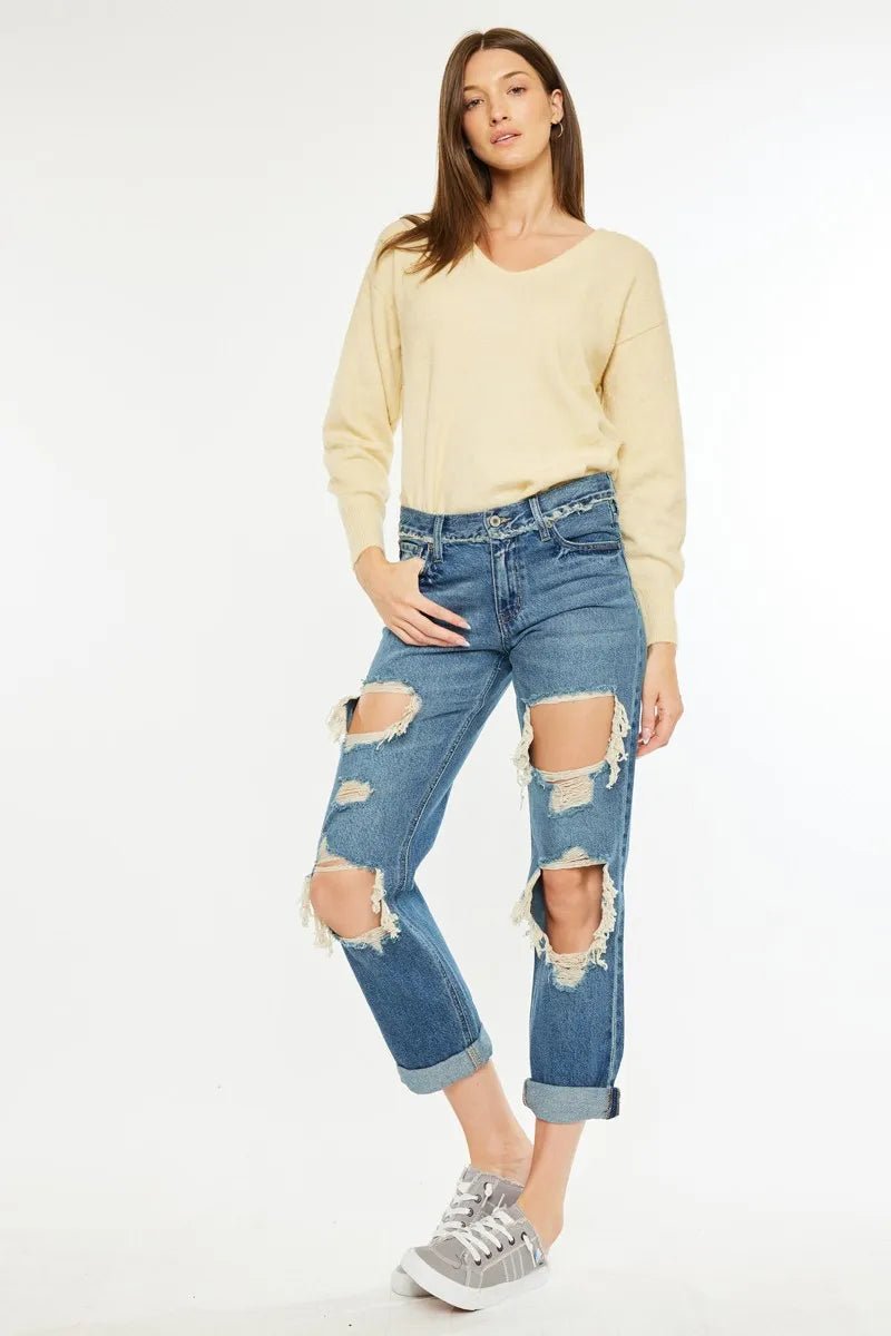 Kancan Distressed Mid Rise True Boyfriend Jeans - Bela Fils BoutiqueBela Fils Boutique