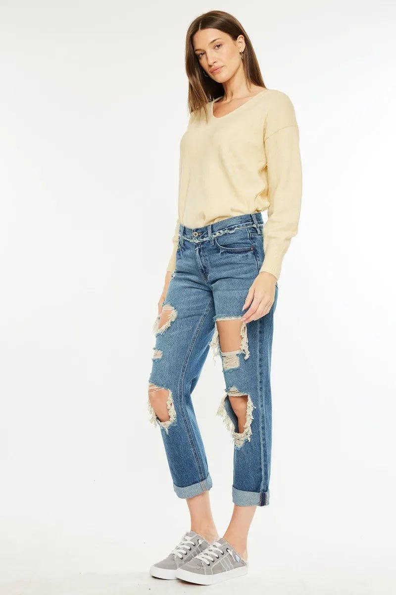 Kancan Distressed Mid Rise True Boyfriend Jeans - Bela Fils BoutiqueBela Fils Boutique