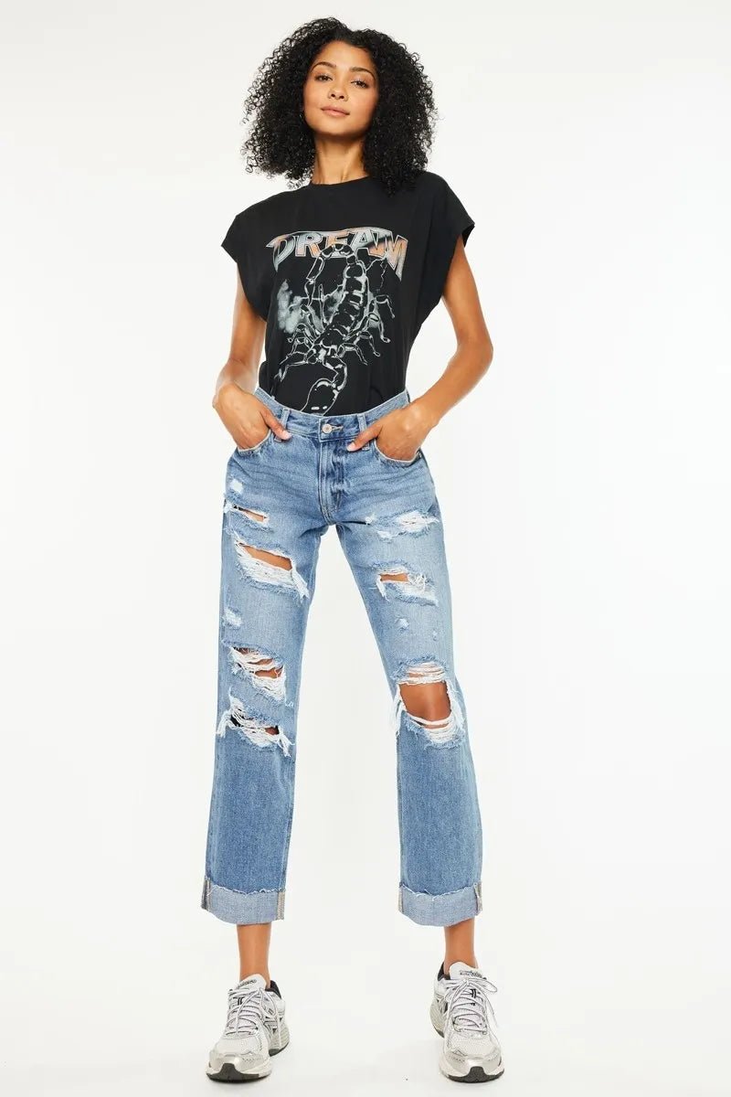 Kancan Mid Rise Distressed Boyfriend Fit Jeans - Bela Fils BoutiqueBela Fils Boutique