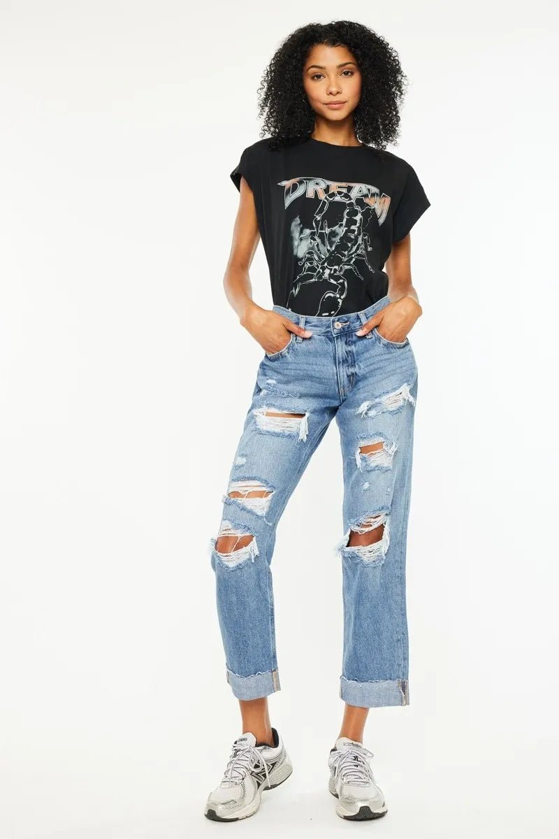 Kancan Mid Rise Distressed Boyfriend Fit Jeans - Bela Fils BoutiqueBela Fils Boutique