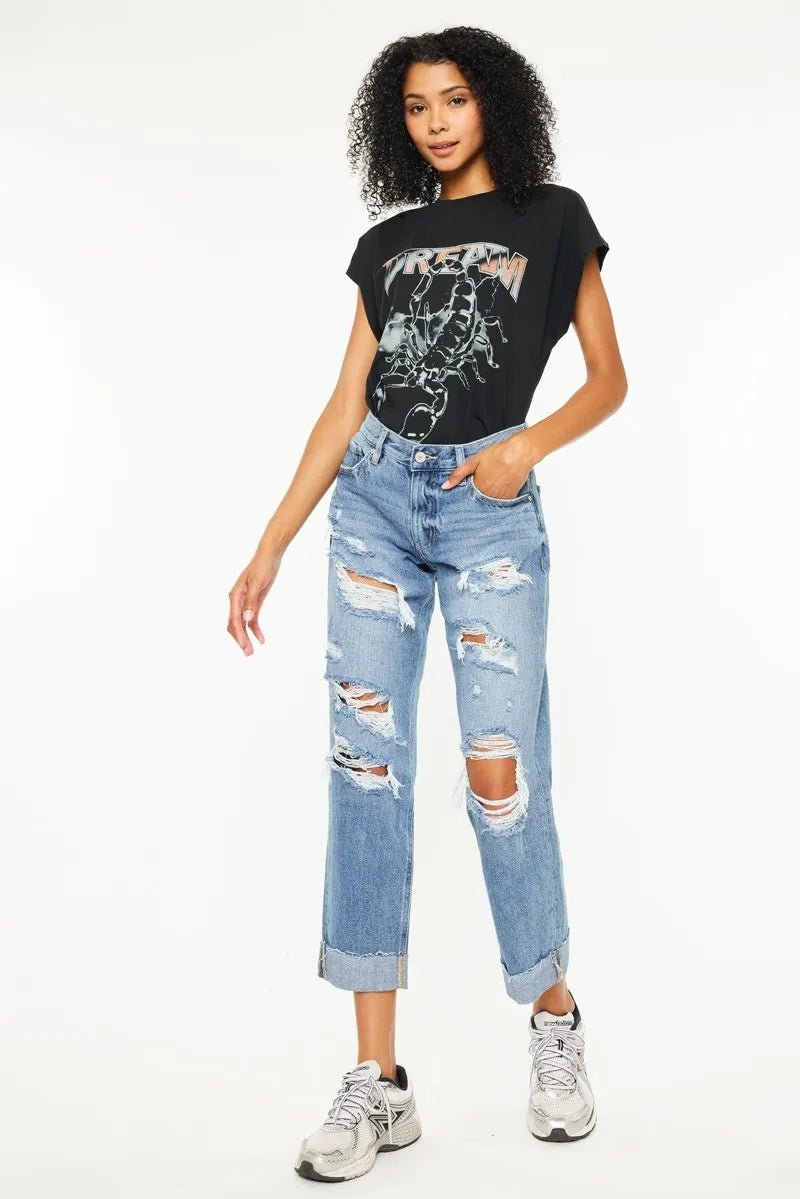 Kancan Mid Rise Distressed Boyfriend Fit Jeans - Bela Fils BoutiqueBela Fils Boutique
