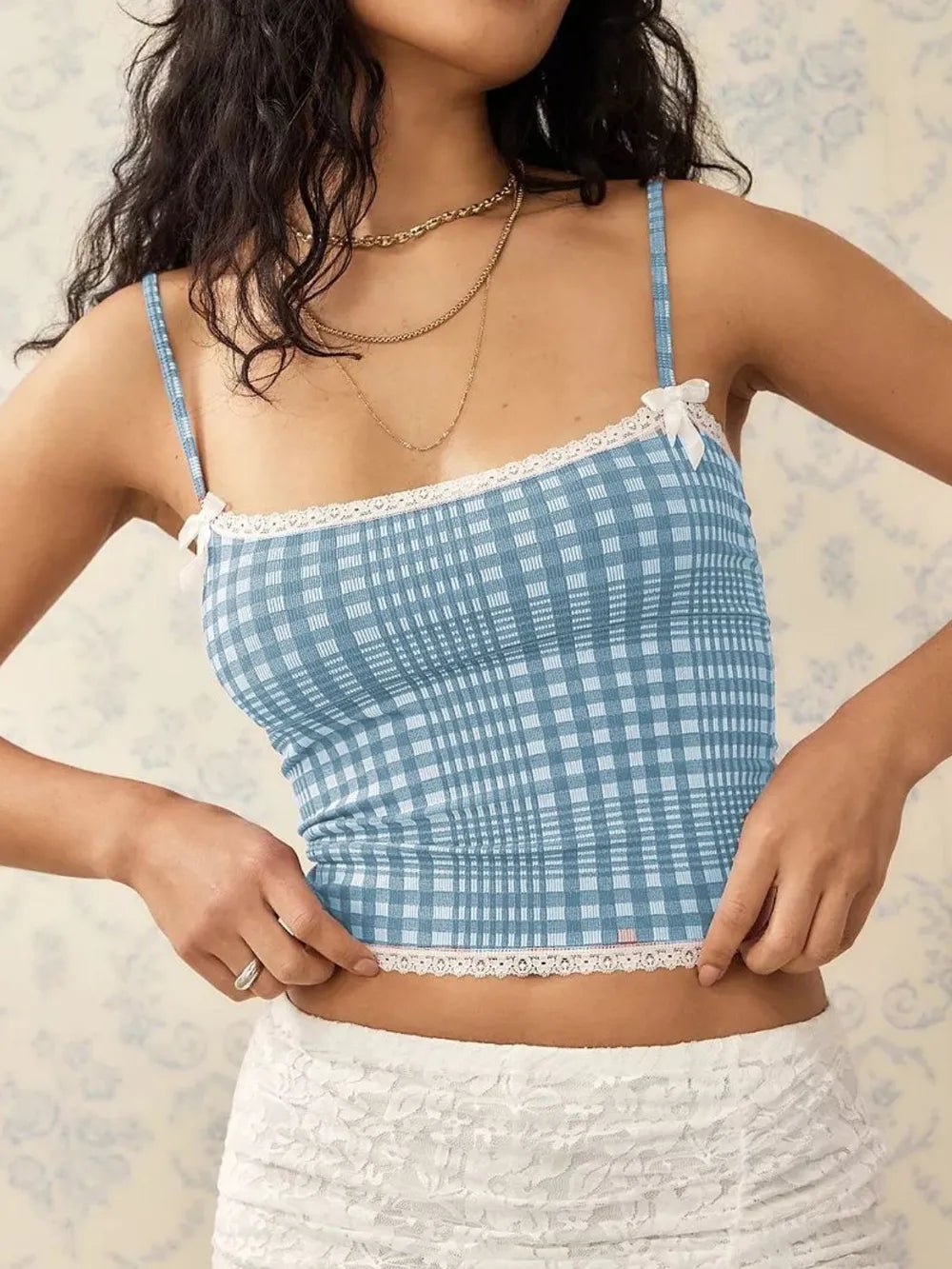 Lace Detail Plaid Square Neck Cami - Bela Fils BoutiqueBela Fils Boutique