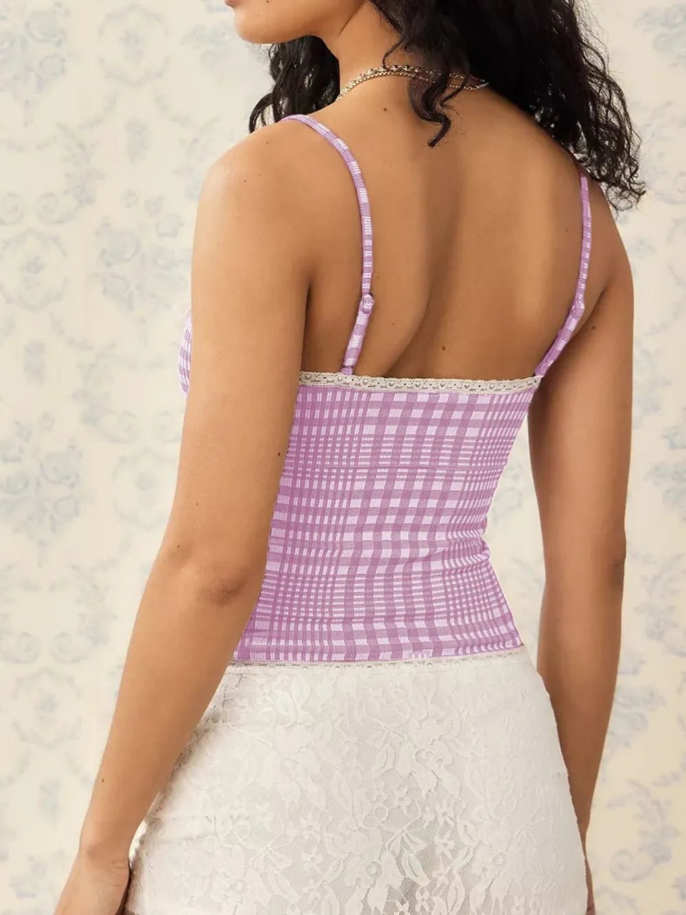 Lace Detail Plaid Square Neck Cami - Bela Fils BoutiqueBela Fils Boutique