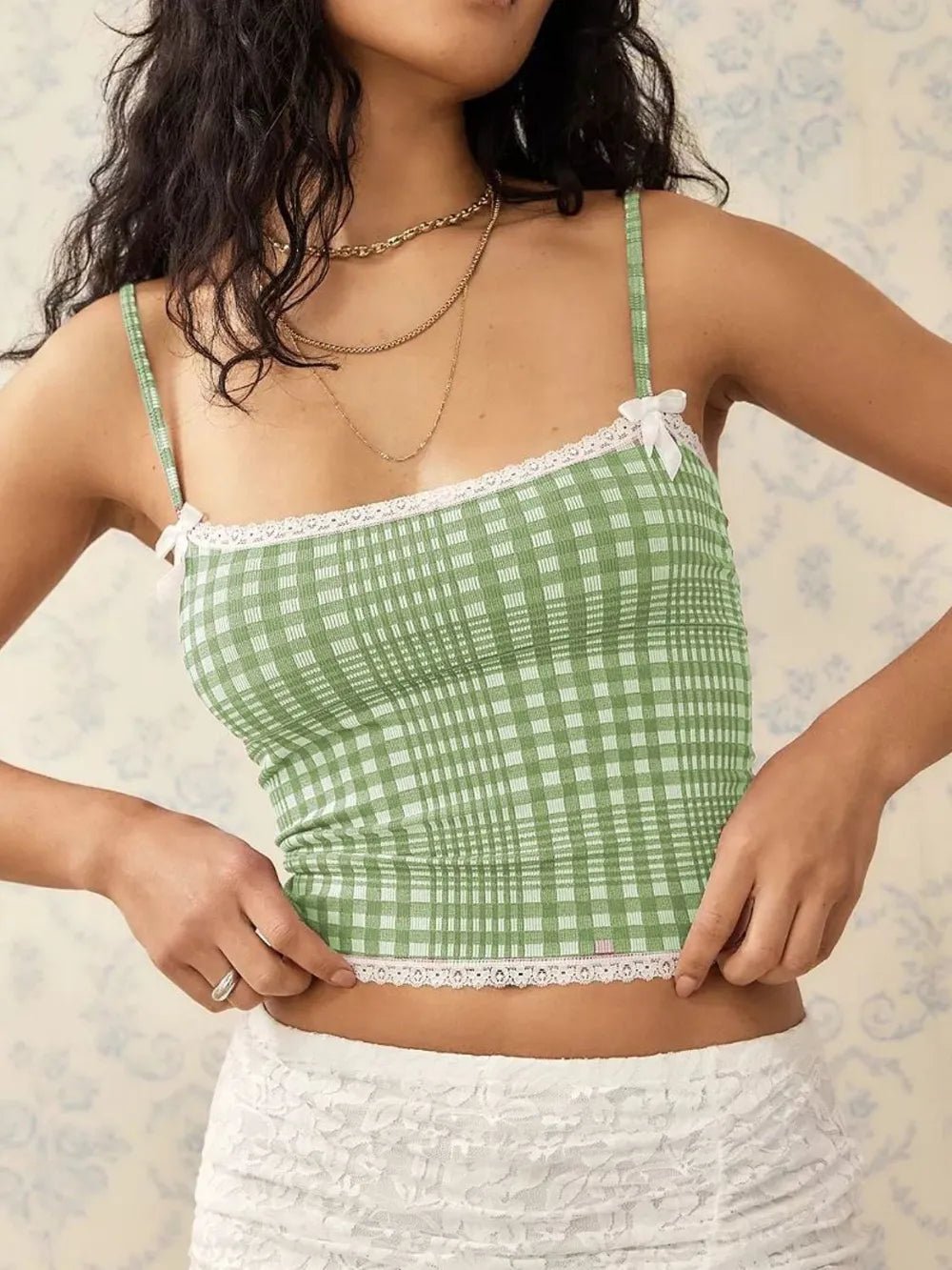 Lace Detail Plaid Square Neck Cami - Bela Fils BoutiqueBela Fils Boutique