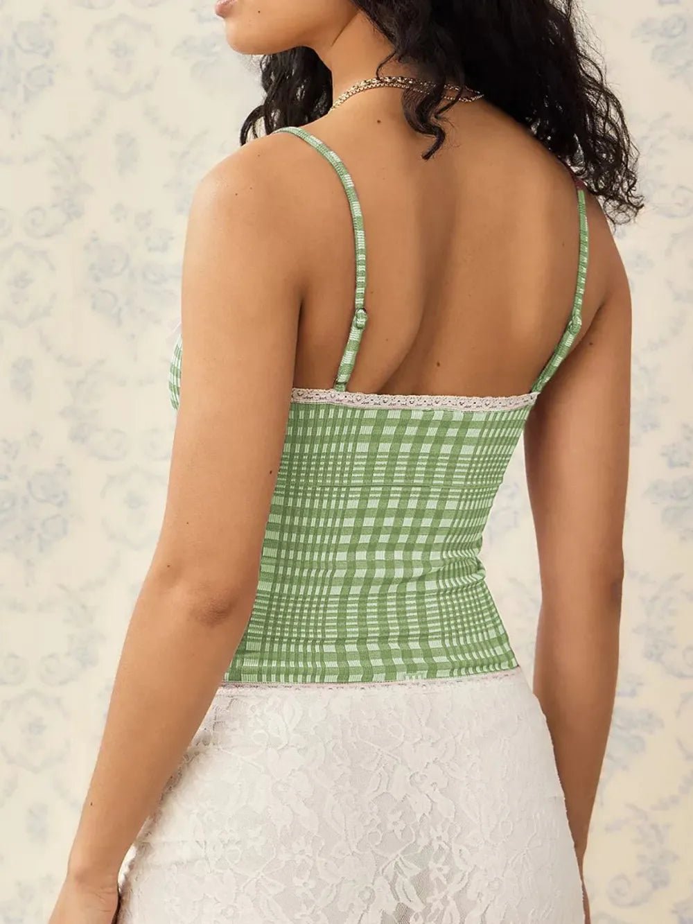 Lace Detail Plaid Square Neck Cami - Bela Fils BoutiqueBela Fils Boutique