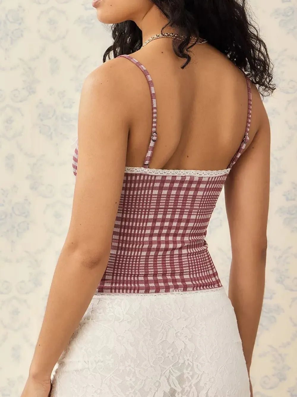 Lace Detail Plaid Square Neck Cami - Bela Fils BoutiqueBela Fils Boutique