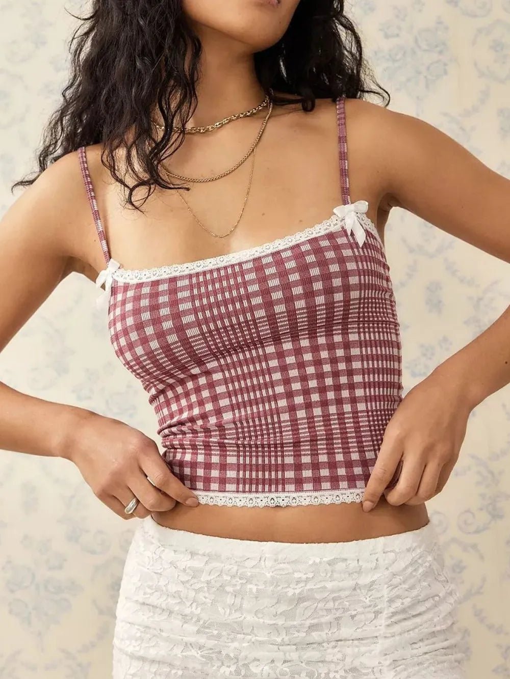 Lace Detail Plaid Square Neck Cami - Bela Fils BoutiqueBela Fils Boutique