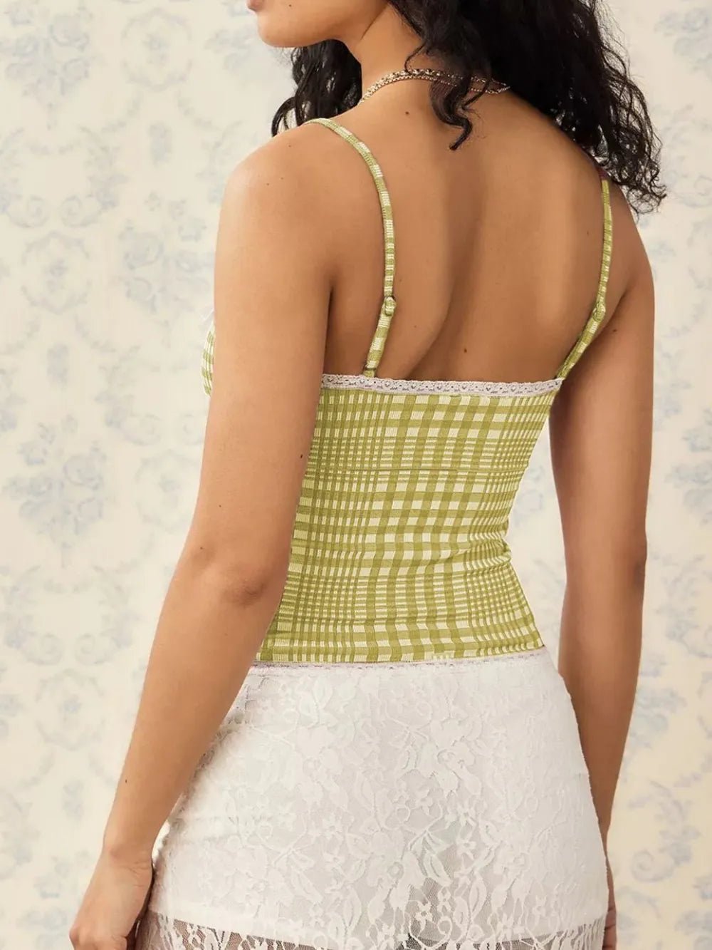 Lace Detail Plaid Square Neck Cami - Bela Fils BoutiqueBela Fils Boutique