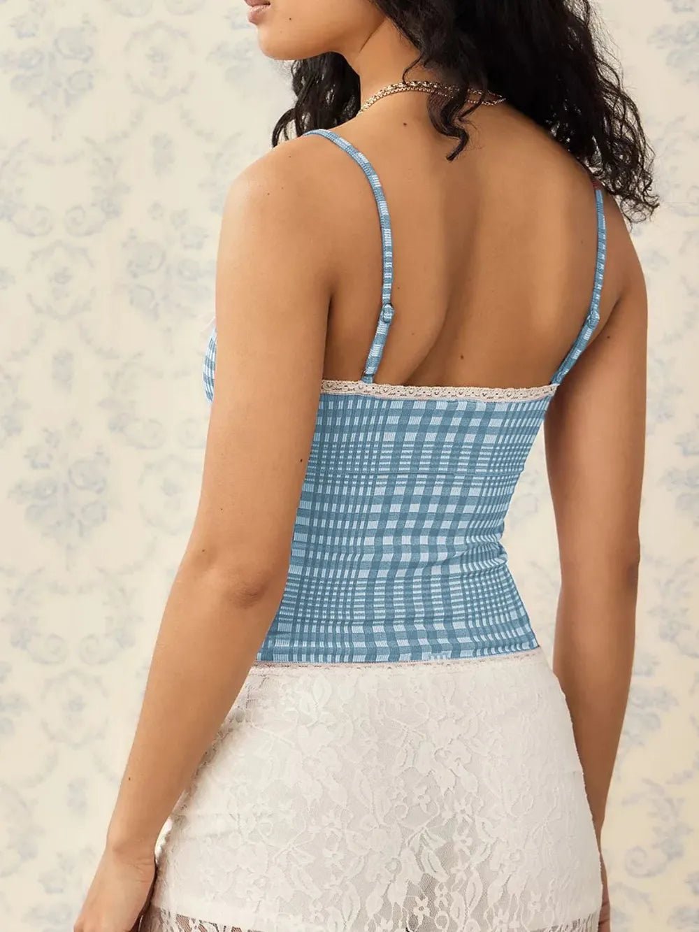 Lace Detail Plaid Square Neck Cami - Bela Fils BoutiqueBela Fils Boutique