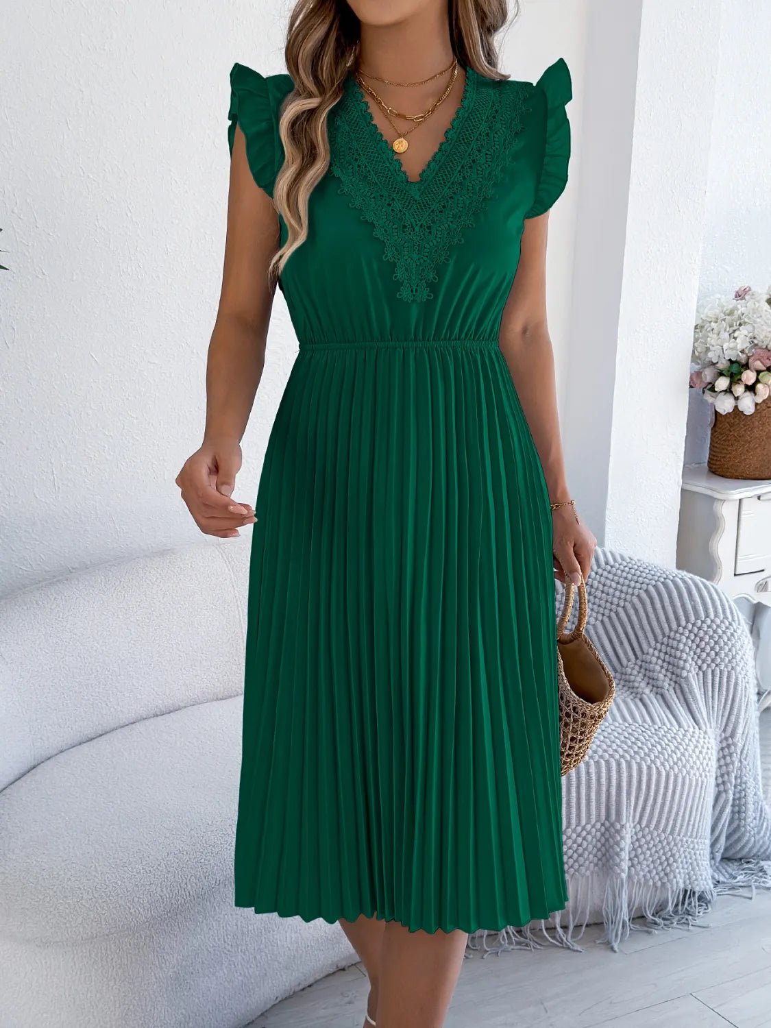 Lace Detail Ruffled Cap Sleeve Pleated Dress - Bela Fils BoutiqueBela Fils Boutique
