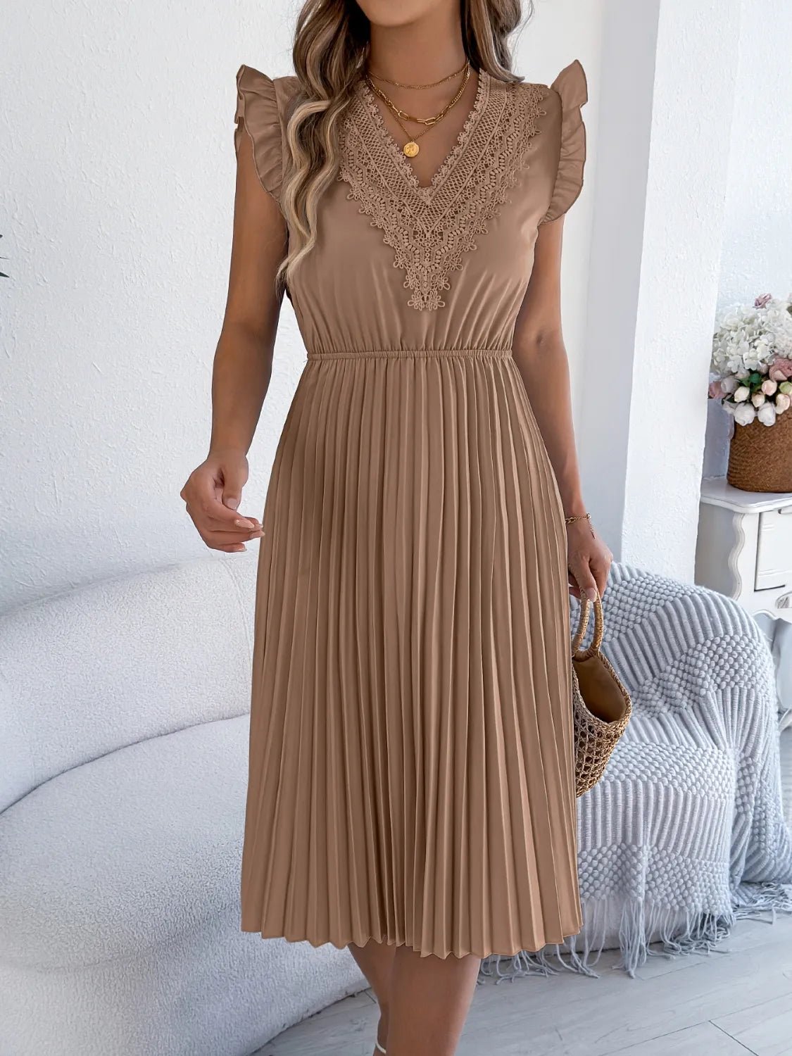 Lace Detail Ruffled Cap Sleeve Pleated Dress - Bela Fils BoutiqueBela Fils Boutique