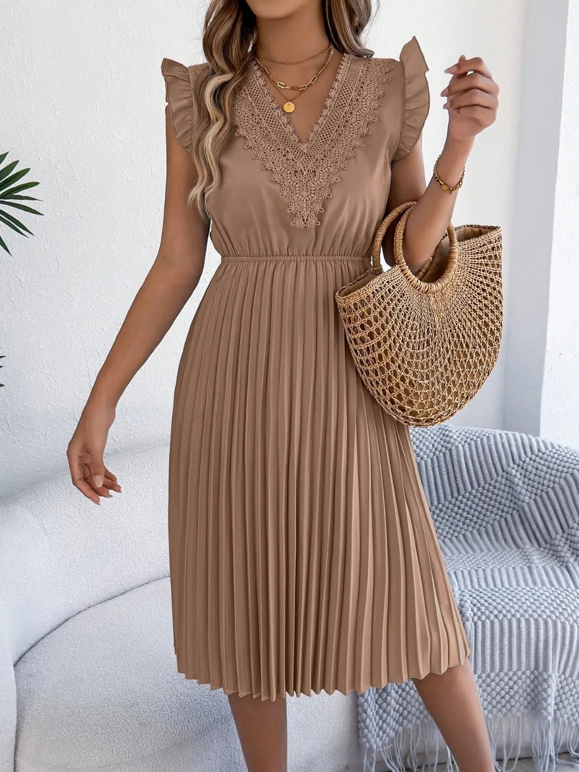 Lace Detail Ruffled Cap Sleeve Pleated Dress - Bela Fils BoutiqueBela Fils Boutique
