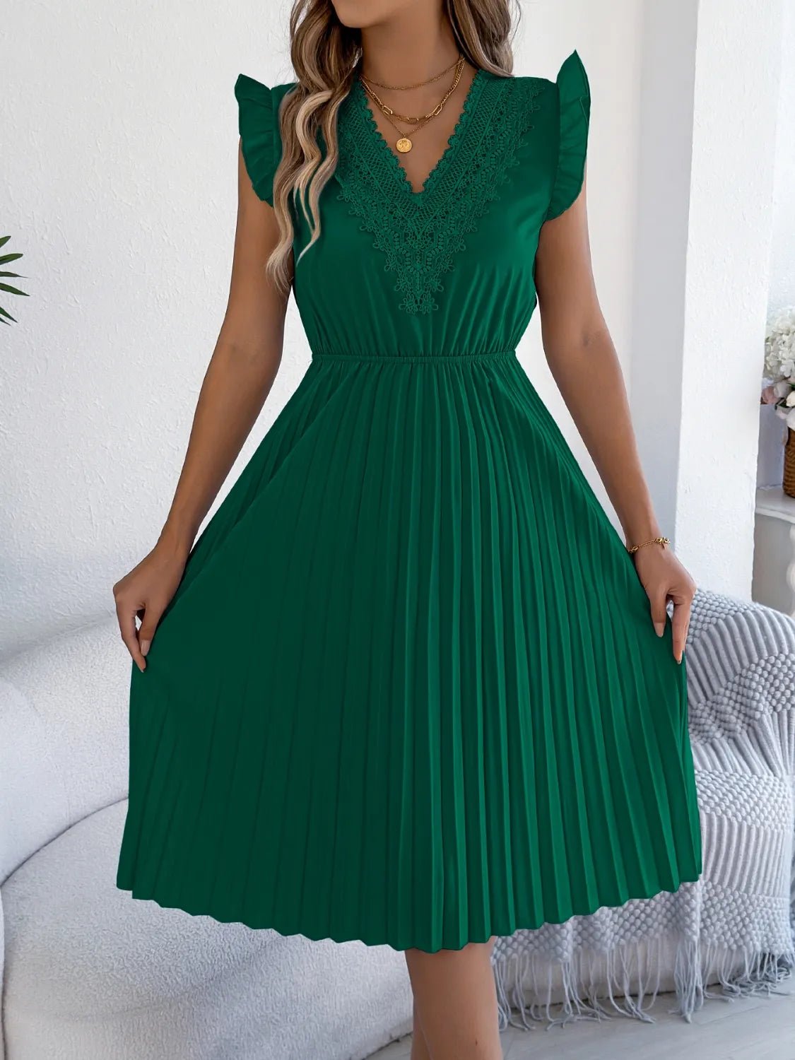 Lace Detail Ruffled Cap Sleeve Pleated Dress - Bela Fils BoutiqueBela Fils Boutique