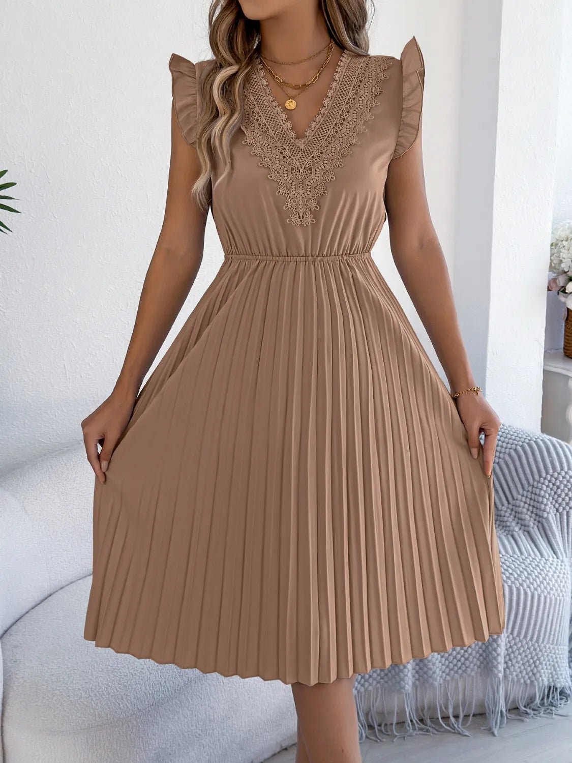 Lace Detail Ruffled Cap Sleeve Pleated Dress - Bela Fils BoutiqueBela Fils Boutique