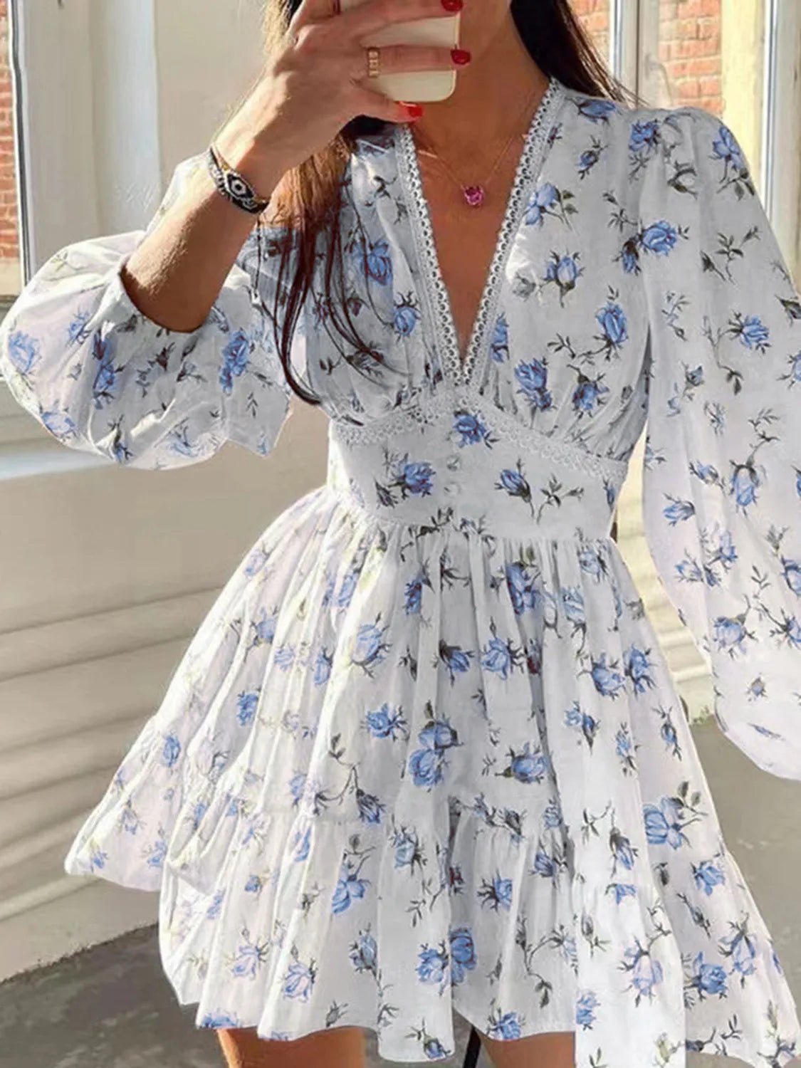 Lace Detail V - Neck Balloon Sleeve Dress - Bela Fils BoutiqueBela Fils Boutique