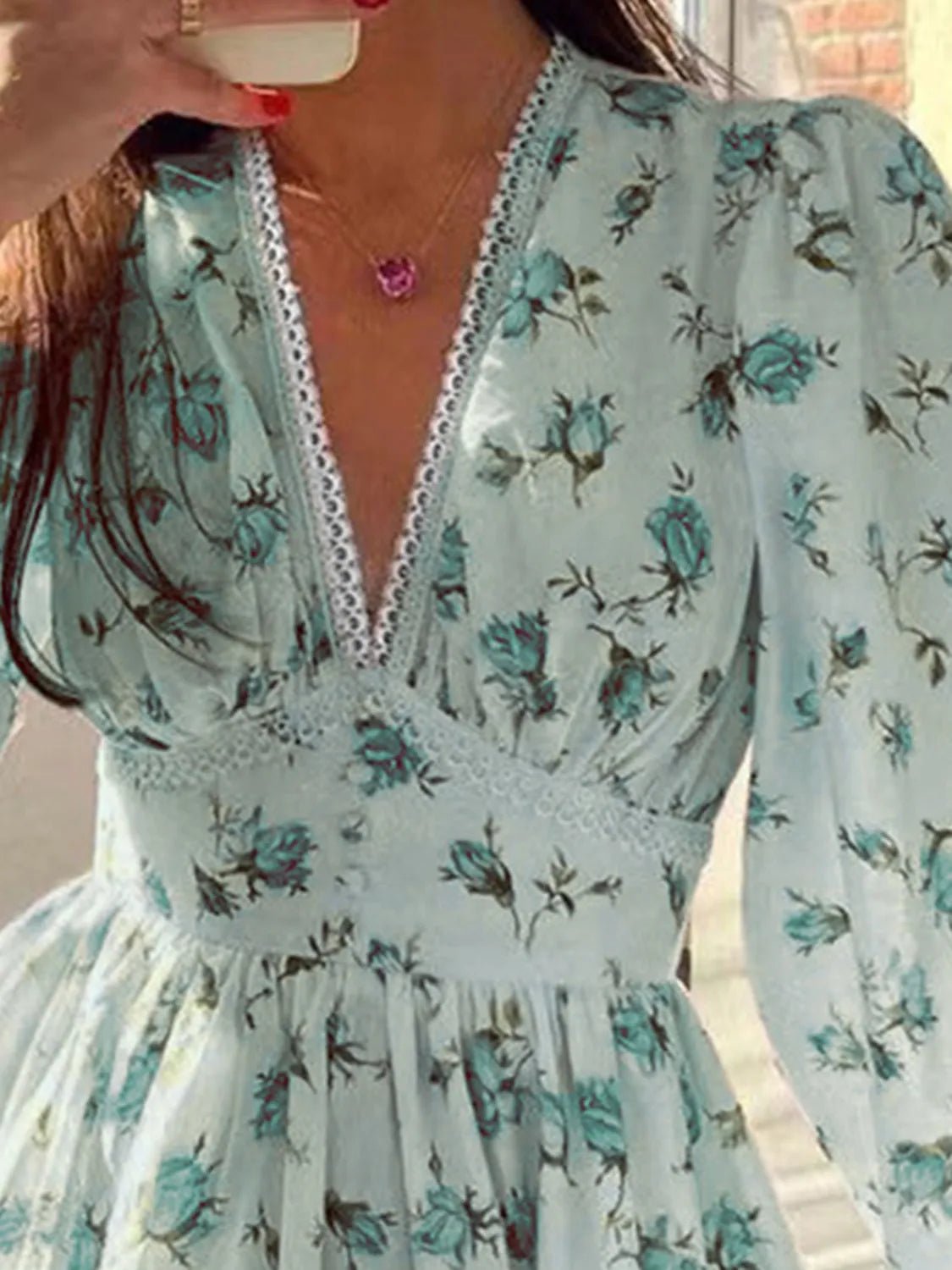 Lace Detail V - Neck Balloon Sleeve Dress - Bela Fils BoutiqueBela Fils Boutique