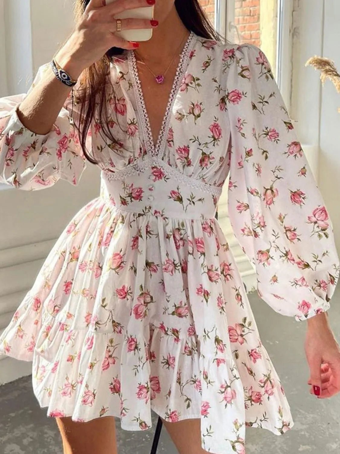 Lace Detail V - Neck Balloon Sleeve Dress - Bela Fils BoutiqueBela Fils Boutique
