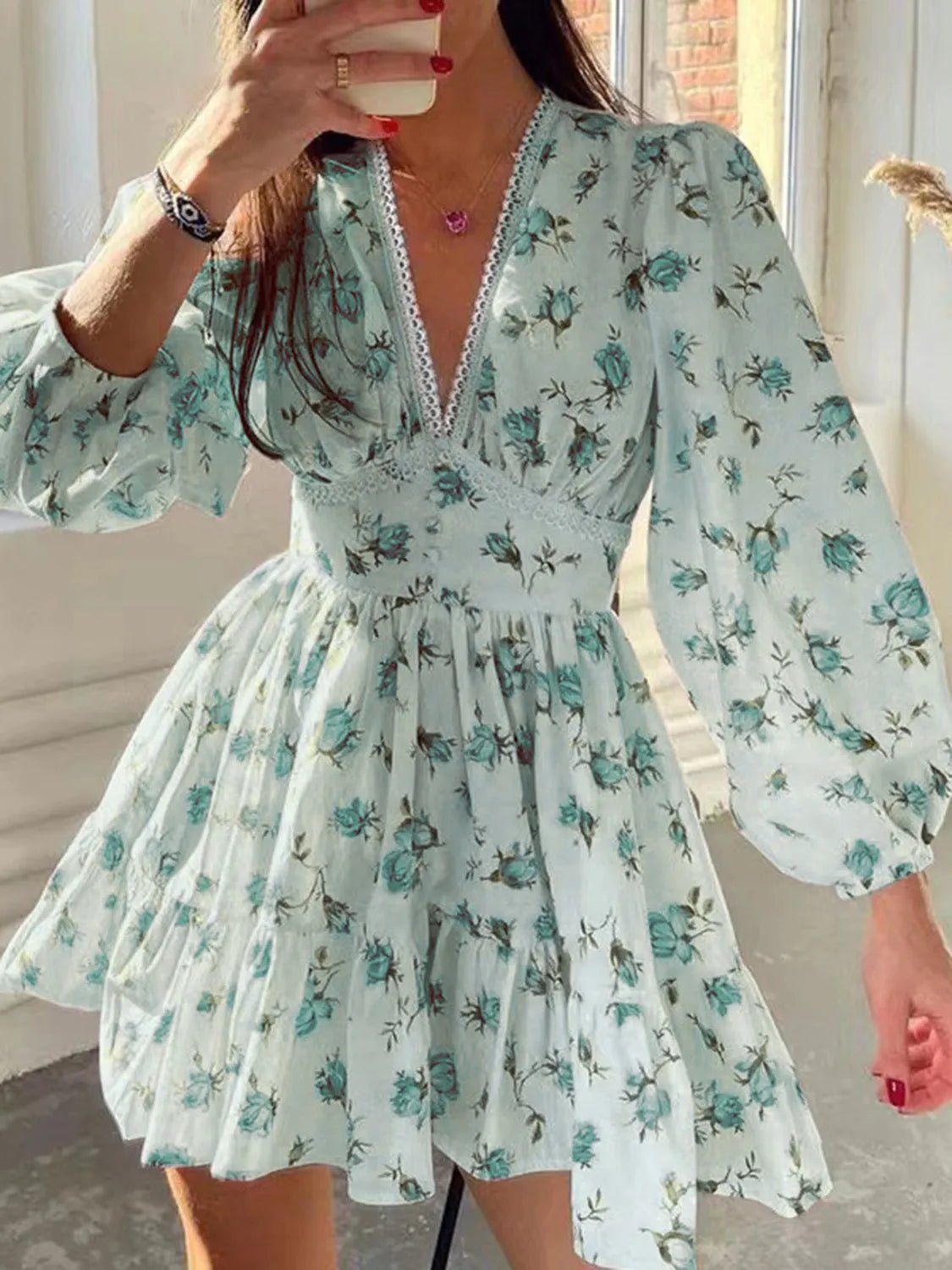 Lace Detail V - Neck Balloon Sleeve Dress - Bela Fils BoutiqueBela Fils Boutique