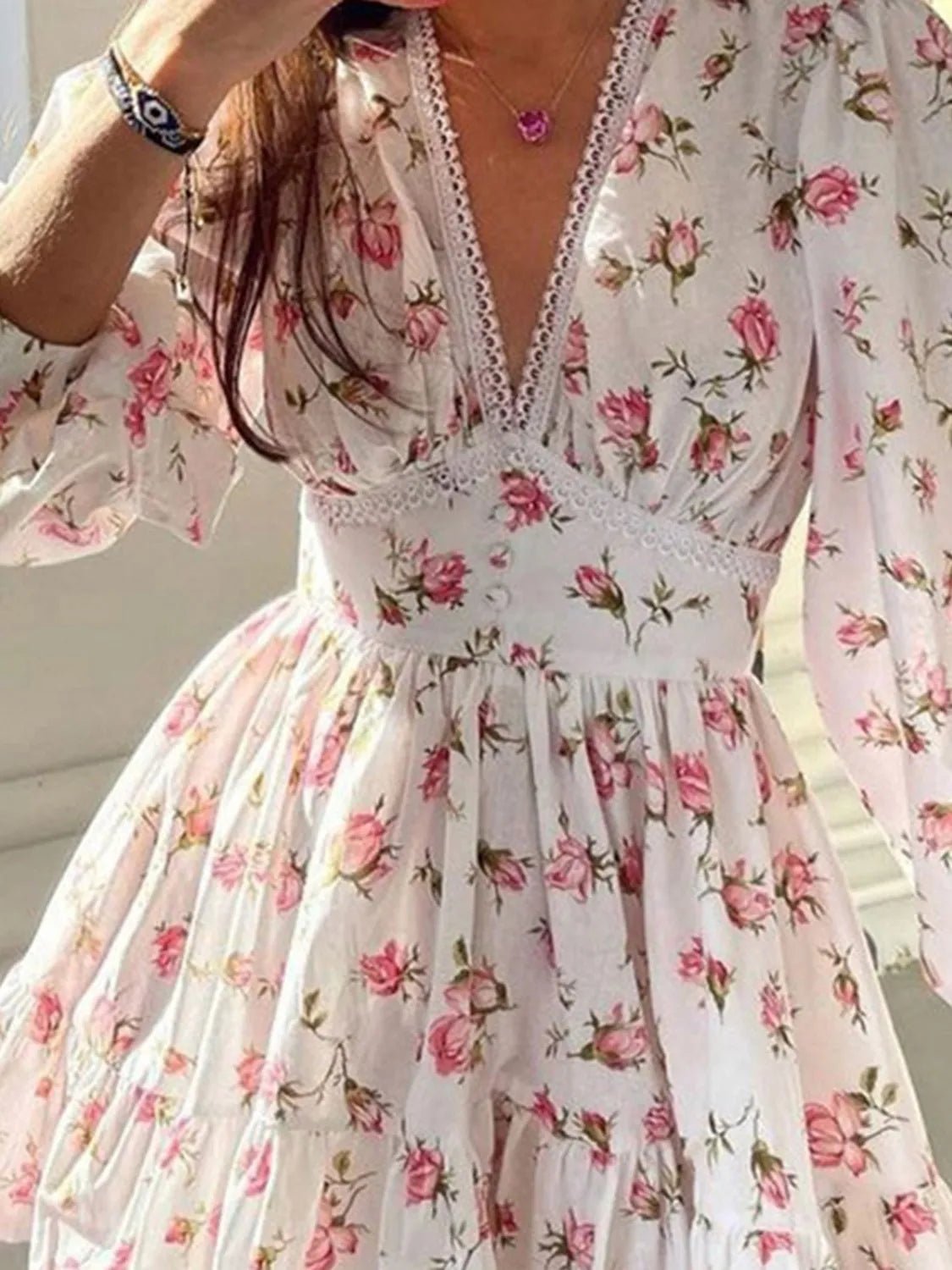 Lace Detail V - Neck Balloon Sleeve Dress - Bela Fils BoutiqueBela Fils Boutique