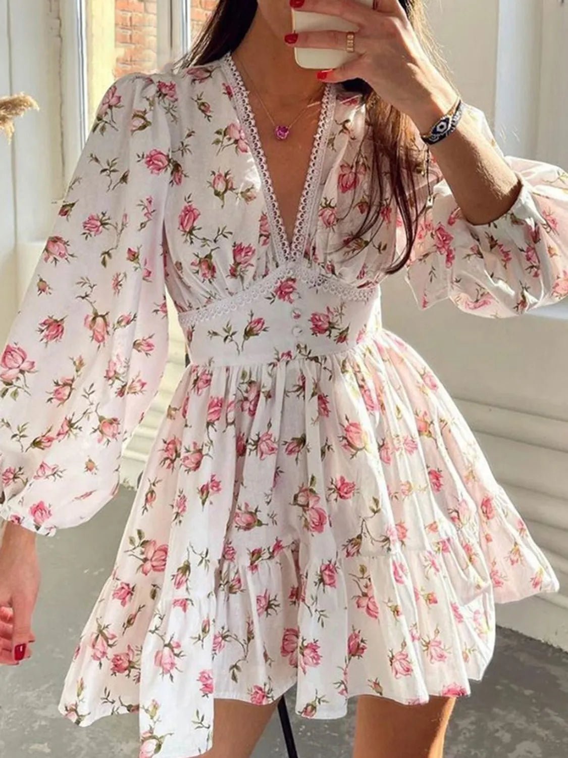 Lace Detail V - Neck Balloon Sleeve Dress - Bela Fils BoutiqueBela Fils Boutique
