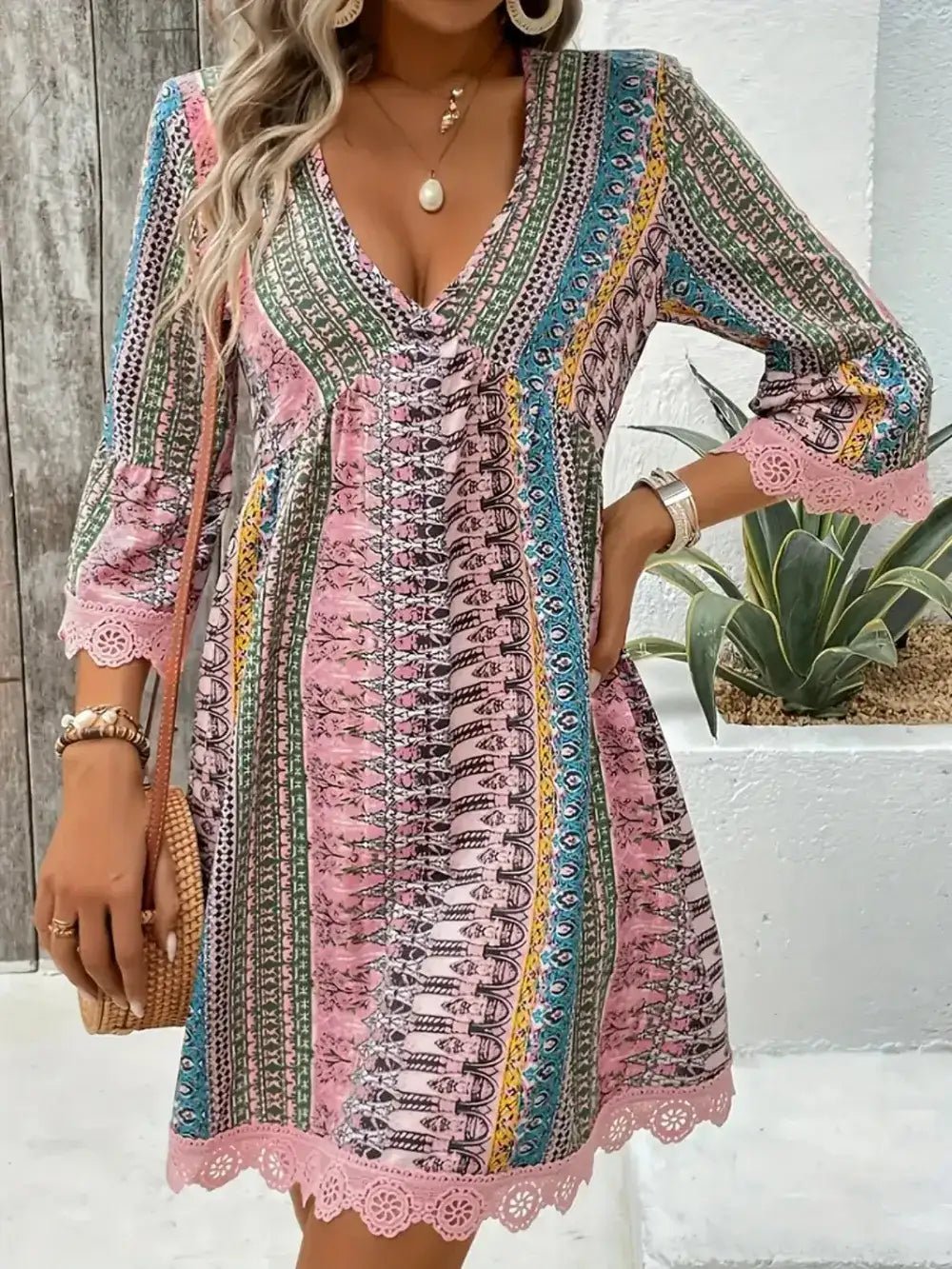 Lace Trim Printed V - Neck 34 Sleeve Dress - Bela Fils BoutiqueBela Fils Boutique