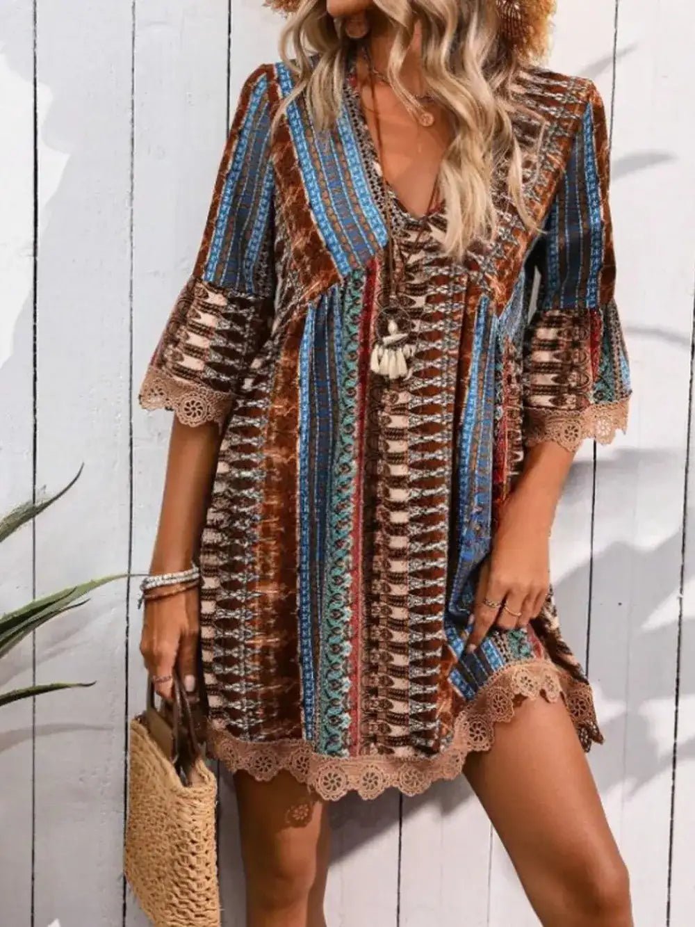 Lace Trim Printed V - Neck 34 Sleeve Dress - Bela Fils BoutiqueBela Fils Boutique
