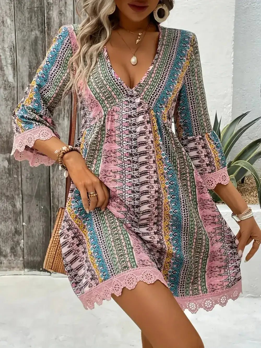 Lace Trim Printed V - Neck 34 Sleeve Dress - Bela Fils BoutiqueBela Fils Boutique