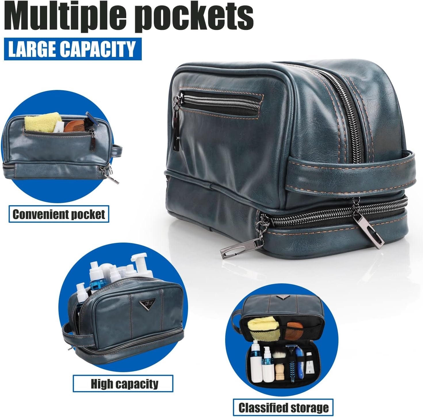 Large Dopp Kit for Men – Blue Leather Toiletry Case - Bela Fils BoutiqueBela Fils Boutique