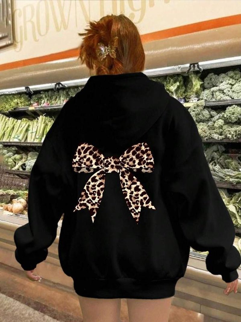 Leopard Print Bowknot Thermal Hoodie - Stylish Casual Sweatshirt with Drawstring Pocket for Fall & Winter Outdoor Wear - Bela Fils BoutiqueBela Fils Boutique