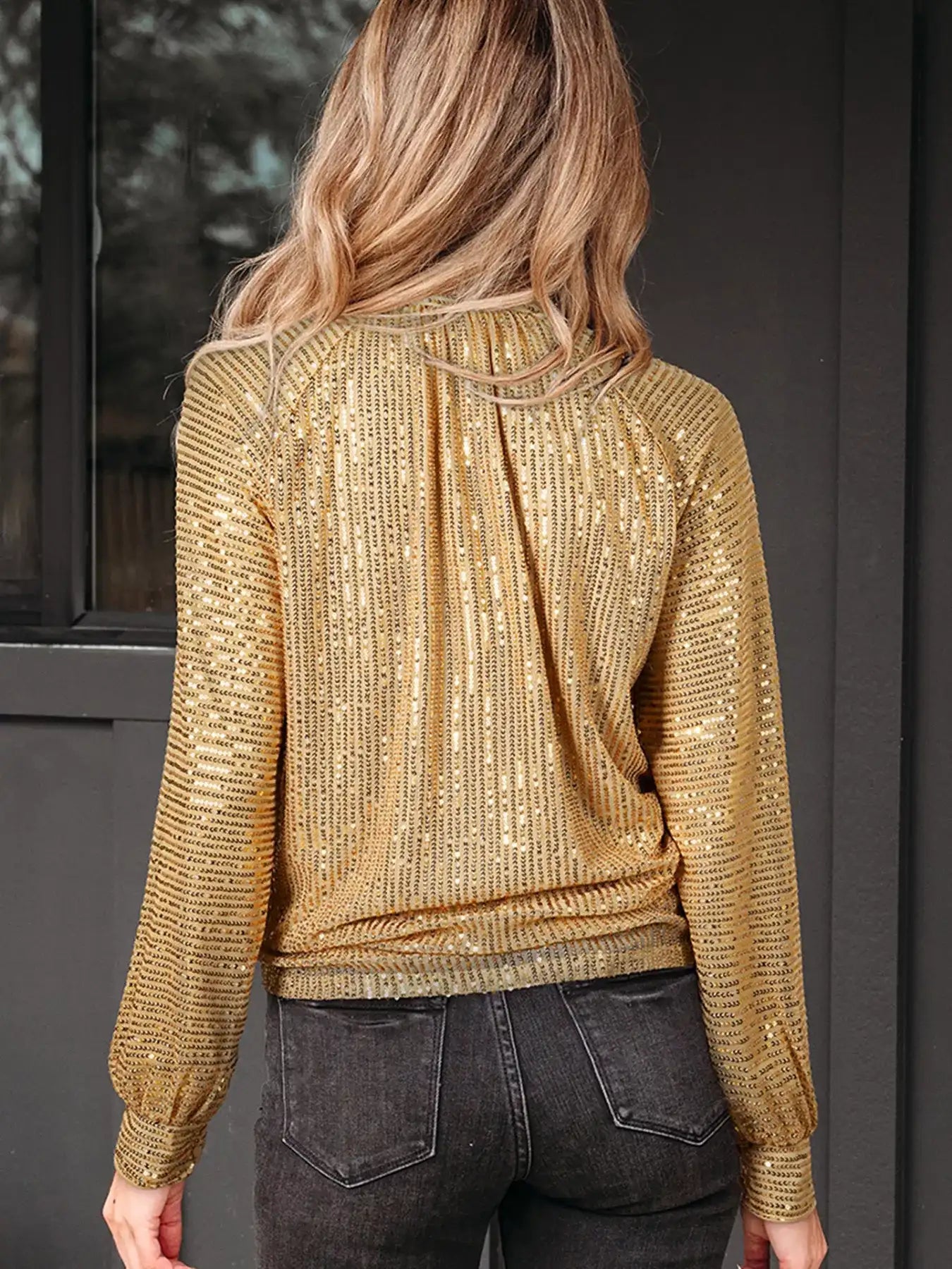 Metallic Balloon Sleeve Buttoned High Neck Loose Blouse - Bela Fils BoutiqueBela Fils Boutique