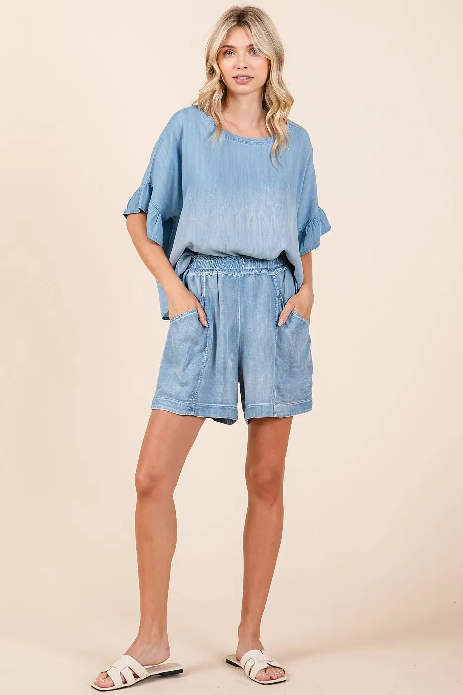 Mittoshop Washed Chambray Elastic Waist Easy Fit Shorts - Bela Fils BoutiqueBela Fils Boutique