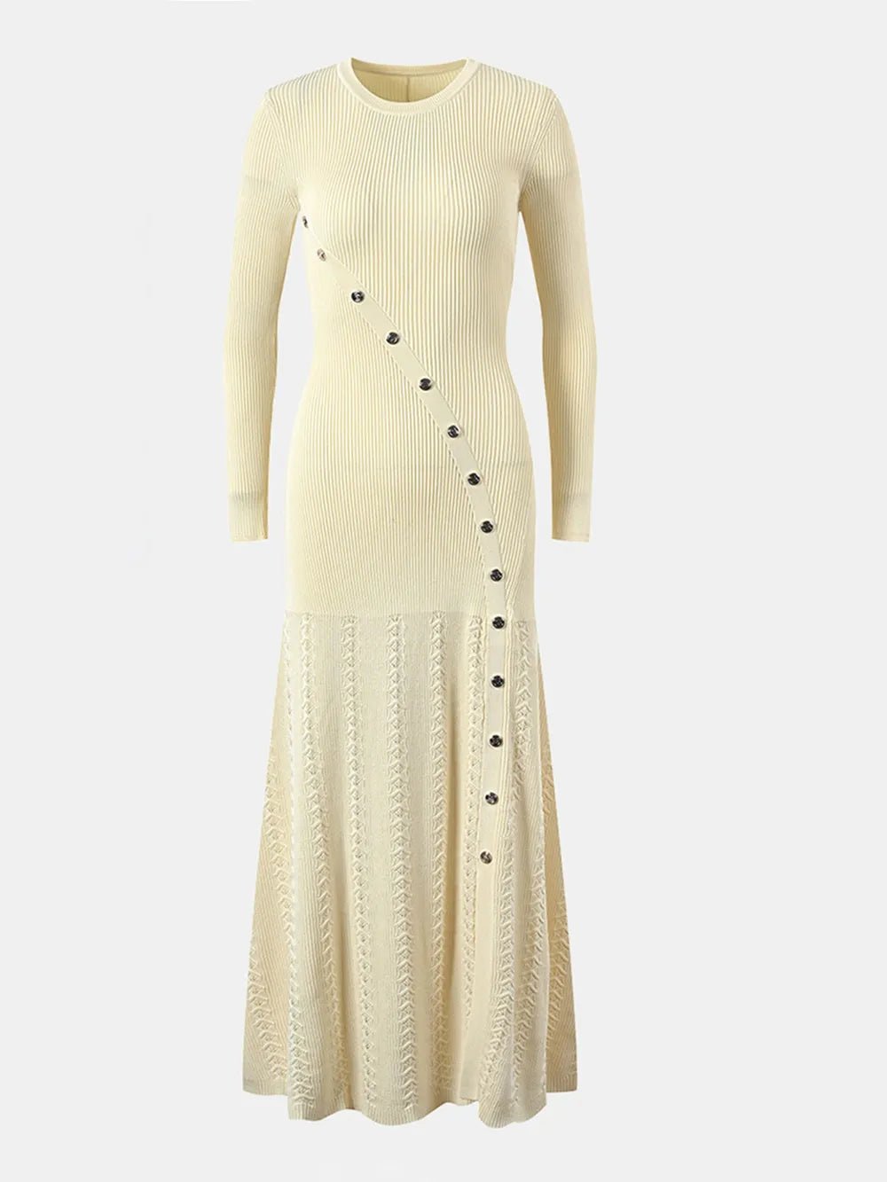 Openwork Round Neck Long Sleeve Sweater Dress - Bela Fils BoutiqueBela Fils Boutique