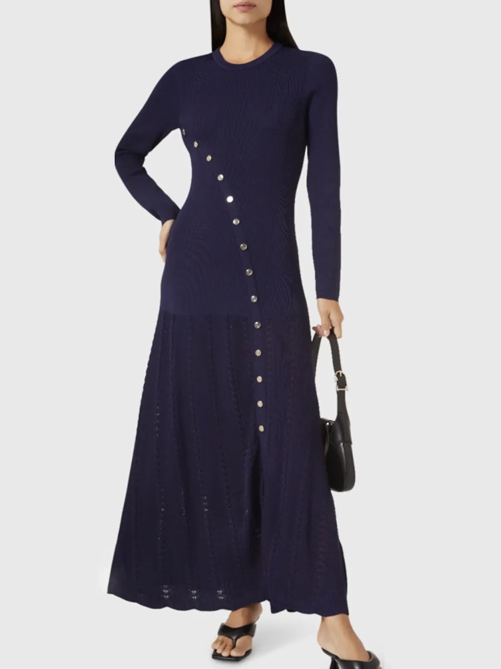 Openwork Round Neck Long Sleeve Sweater Dress - Bela Fils BoutiqueBela Fils Boutique