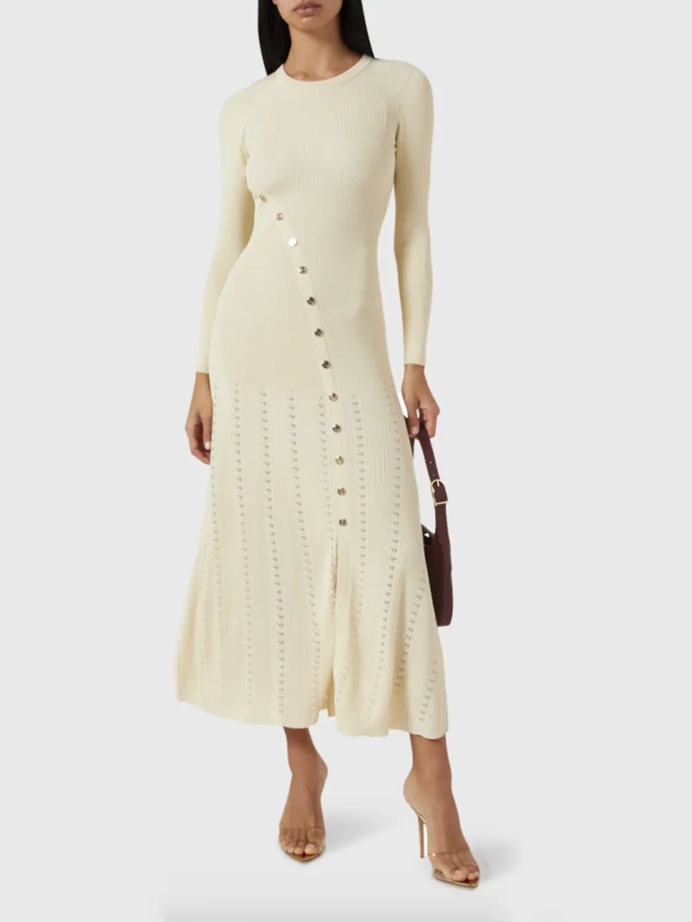 Openwork Round Neck Long Sleeve Sweater Dress - Bela Fils BoutiqueBela Fils Boutique
