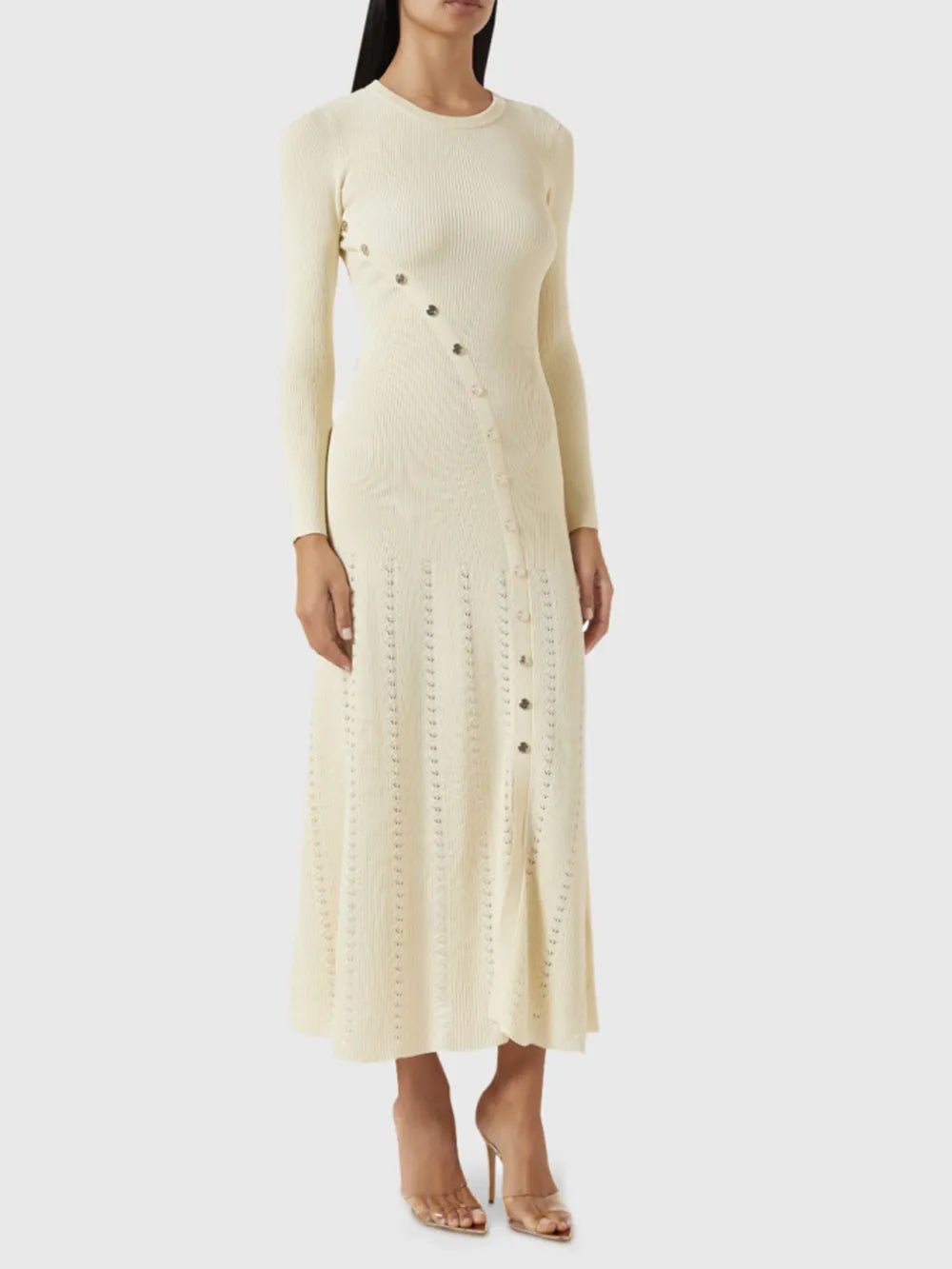 Openwork Round Neck Long Sleeve Sweater Dress - Bela Fils BoutiqueBela Fils Boutique