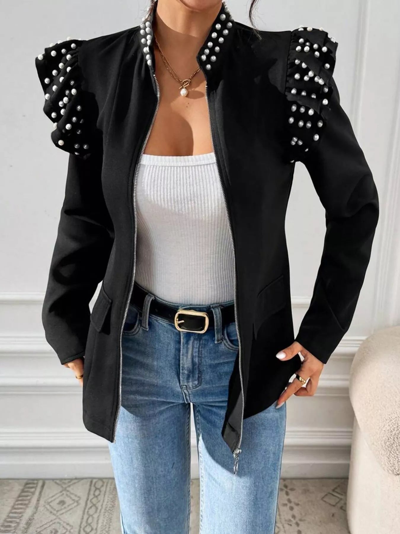 Pearl Embellished Shoulder Zip Up Jacket - Bela Fils BoutiqueBela Fils Boutique