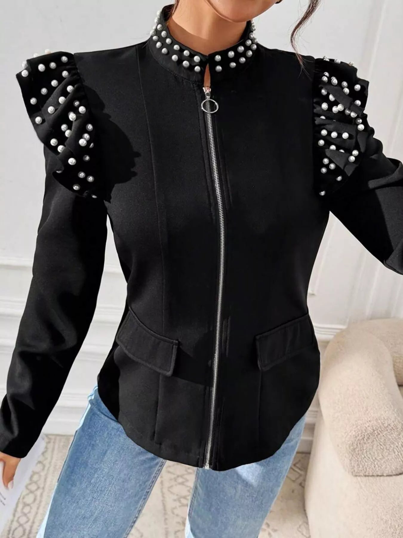 Pearl Embellished Shoulder Zip Up Jacket - Bela Fils BoutiqueBela Fils Boutique