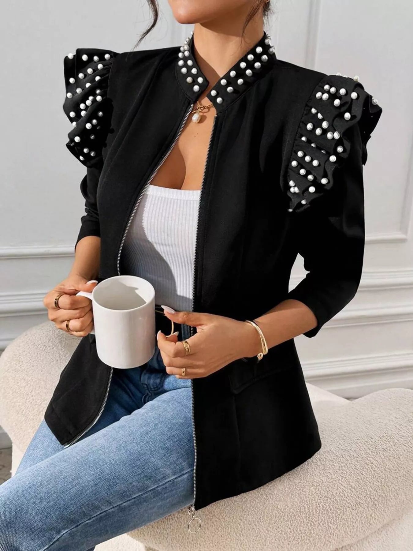 Pearl Embellished Shoulder Zip Up Jacket - Bela Fils BoutiqueBela Fils Boutique