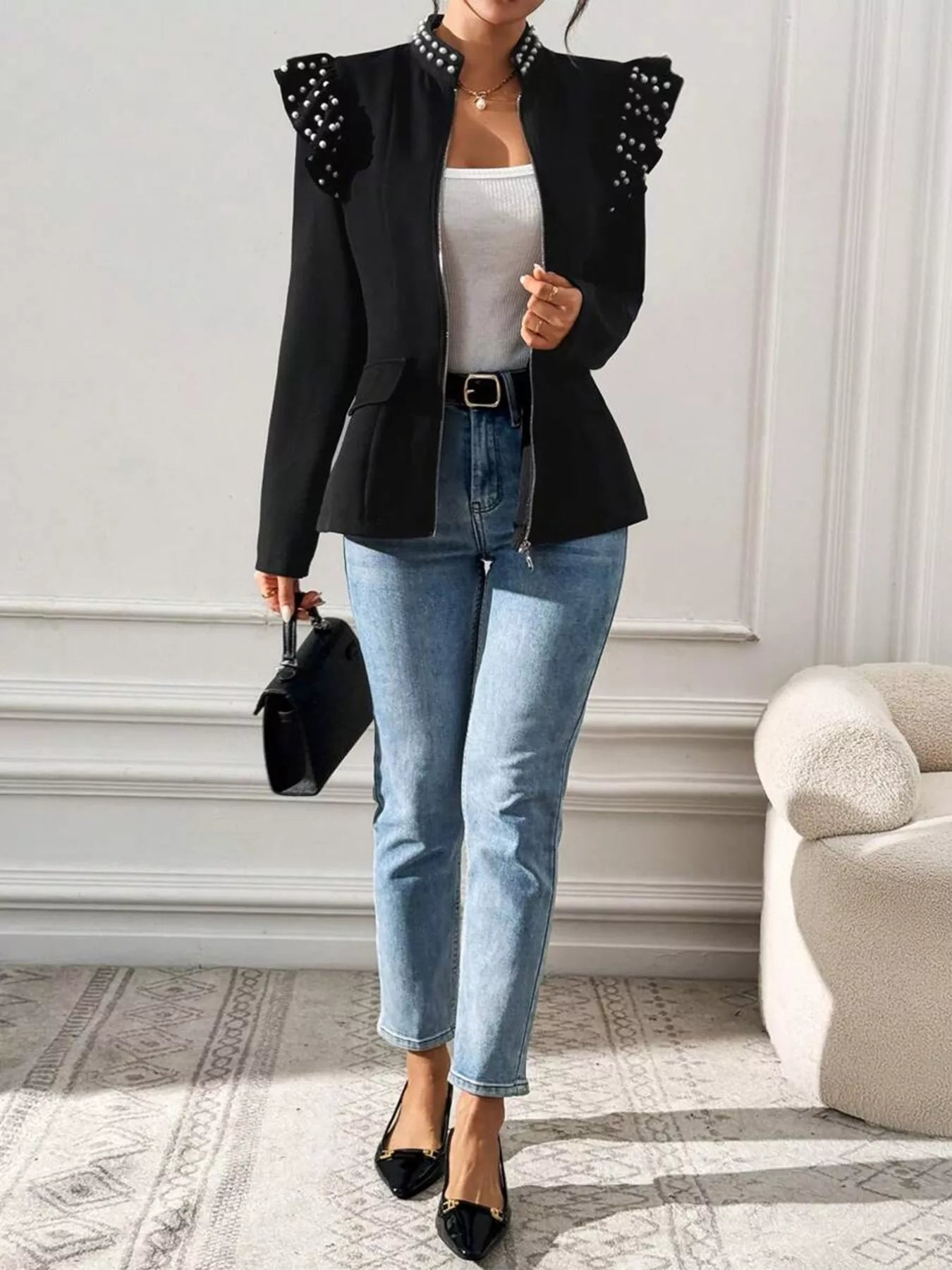 Pearl Embellished Shoulder Zip Up Jacket - Bela Fils BoutiqueBela Fils Boutique