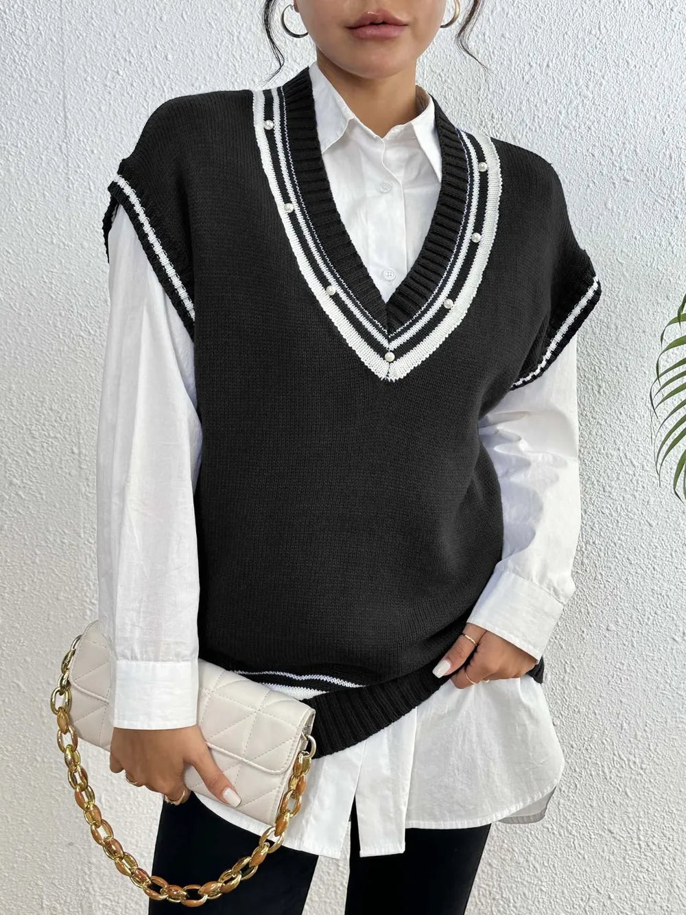 Pearl Trim Contrast V - Neck Sweater Vest - Bela Fils BoutiqueBela Fils Boutique