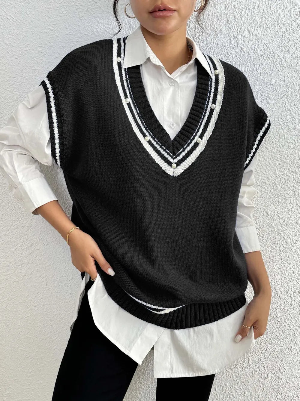 Pearl Trim Contrast V - Neck Sweater Vest - Bela Fils BoutiqueBela Fils Boutique