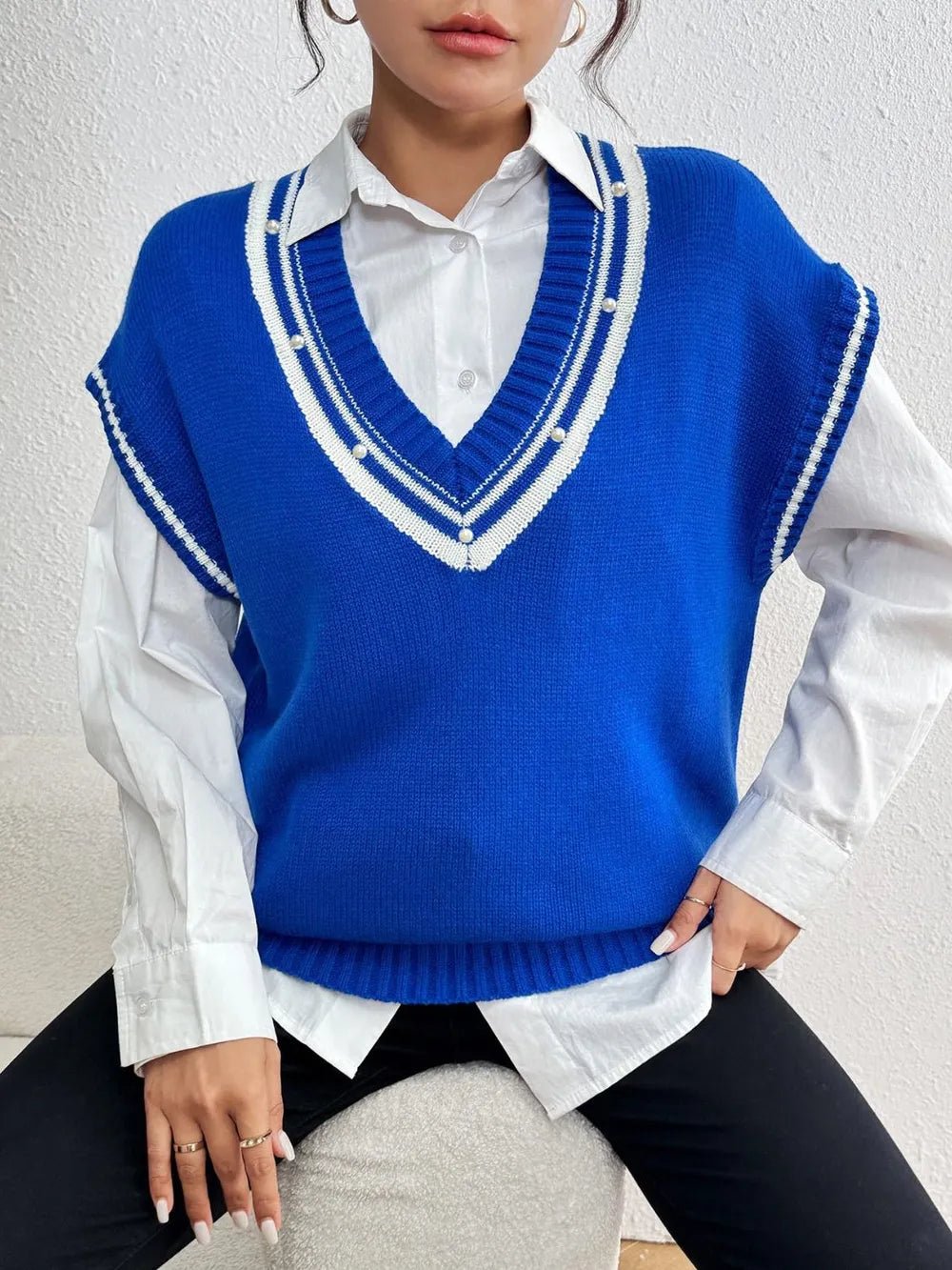 Pearl Trim Contrast V - Neck Sweater Vest - Bela Fils BoutiqueBela Fils Boutique