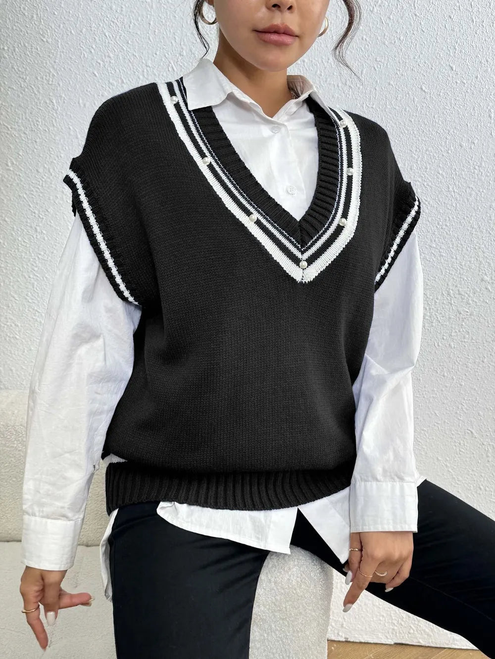 Pearl Trim Contrast V - Neck Sweater Vest - Bela Fils BoutiqueBela Fils Boutique